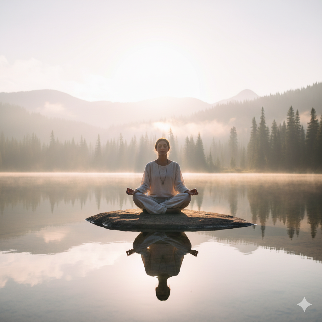 Peaceful meditation scene with calm nature background, person meditating at sunrise, soft tones